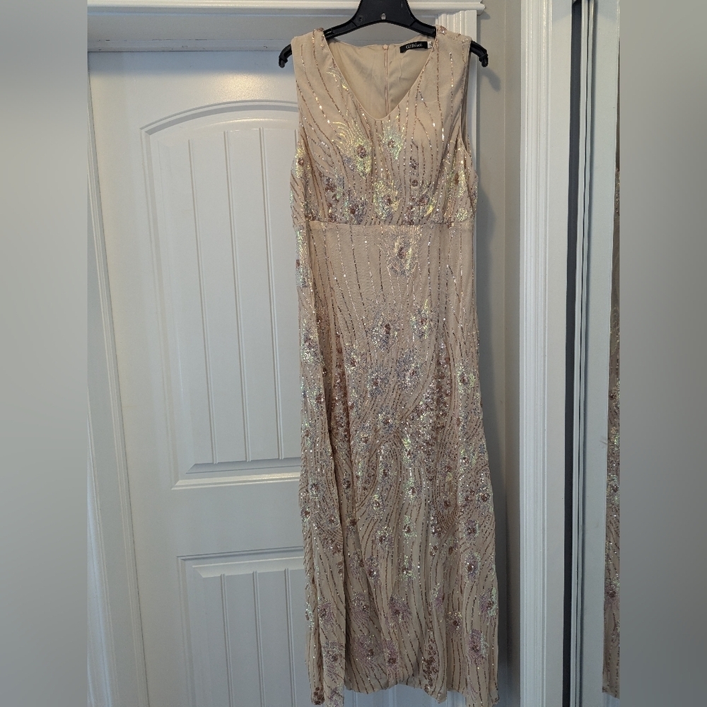 Women's Vintage Peacock Sequin Formal Dress V Neck Party Prom Evening Gown 1x - Picture 11 of 16